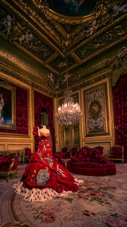 Robe rouge dans un salon aux boiseries et aux dorures.