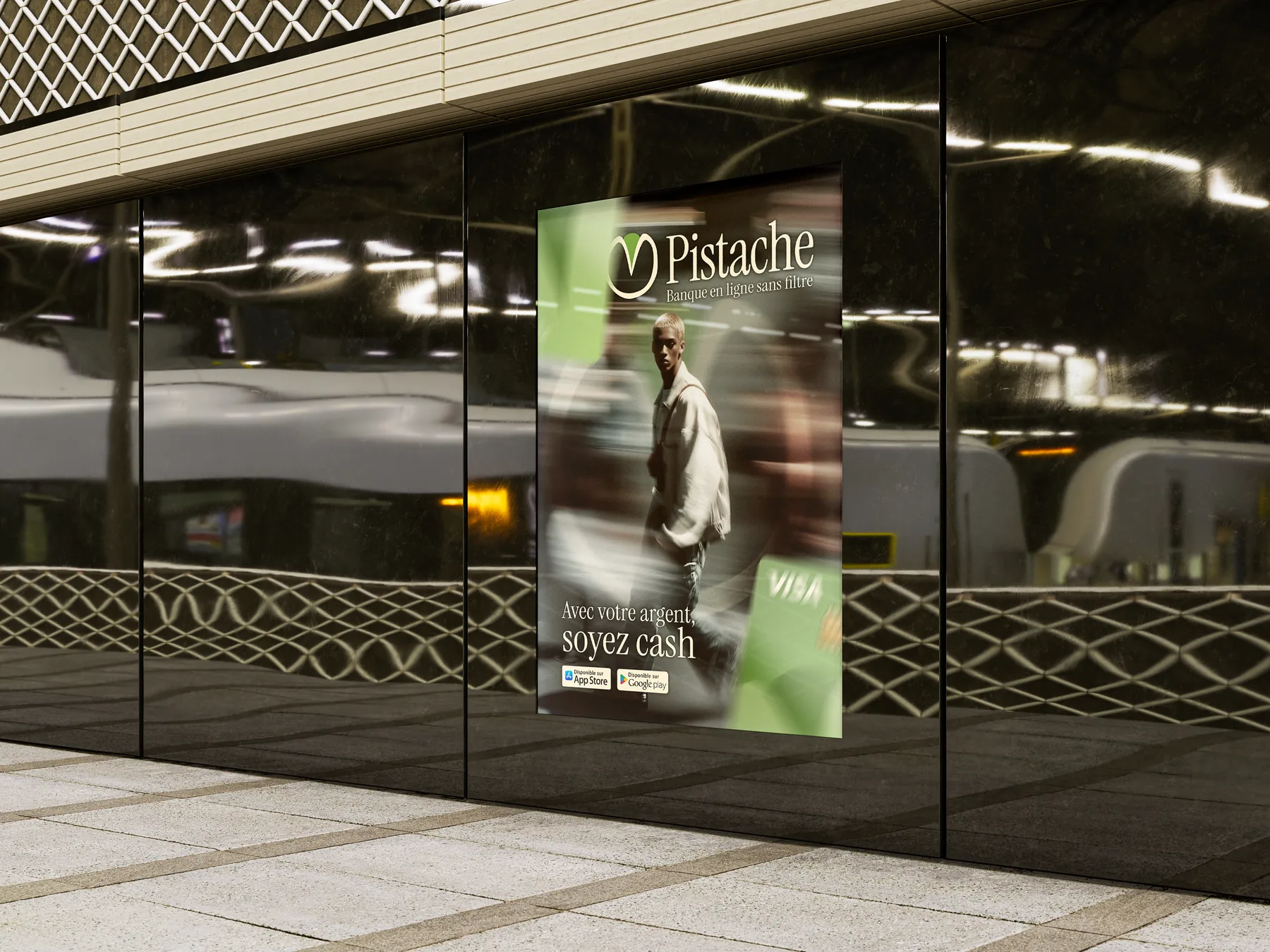 Affiche Pistache sur un panneau publicitaire dans le métro